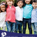 2023 Cover of End of Year Report created for Sanofi with five smiling children standing arm-in-arm